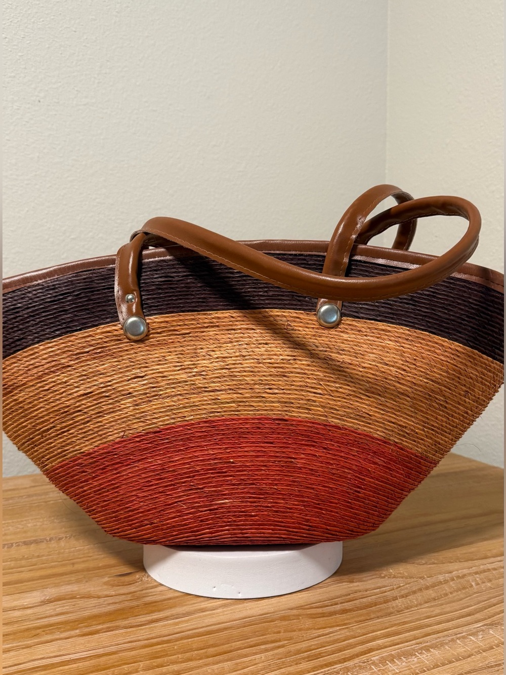 Colorblock Straw Tote in Red and Brown with Leather Handles